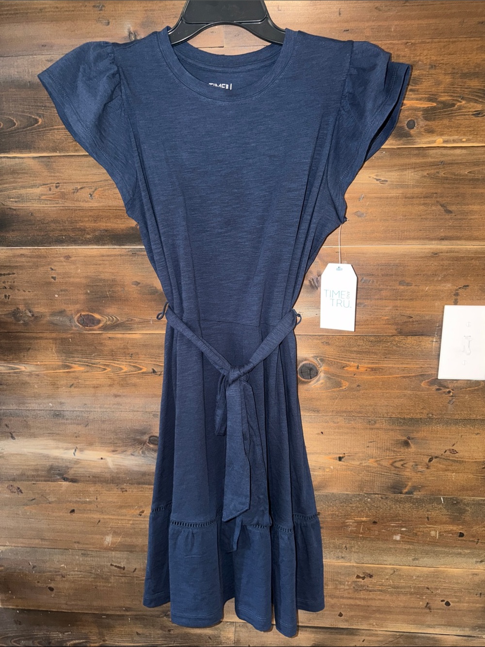 Time and Tru Navy Tie-Waist Flutter Sleeve Midi Dress
